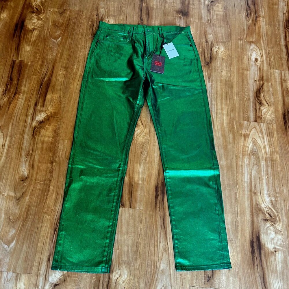 ETRO casual pants in a green metallic jean styling.  Size 33.